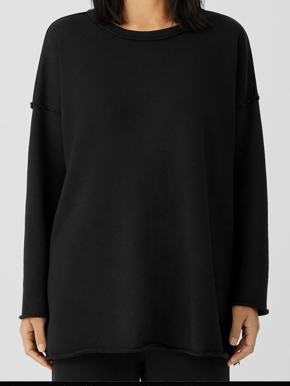 Eileen Fisher Organic Cotton French Terry Crew Neck Top Boxy Fit Long Length